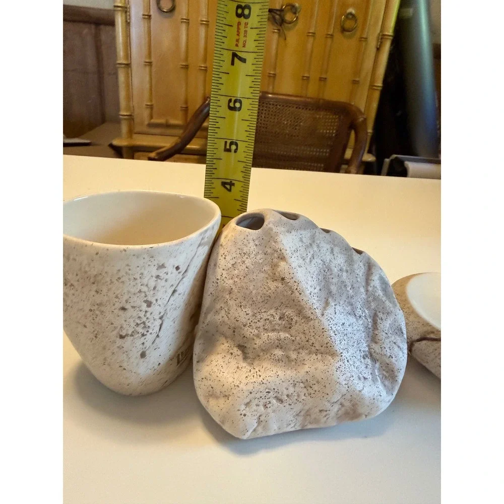 Vintage Ceramic Stone Texture Bathroom Set Toothbrush Holder Soap Dish Tumbler.